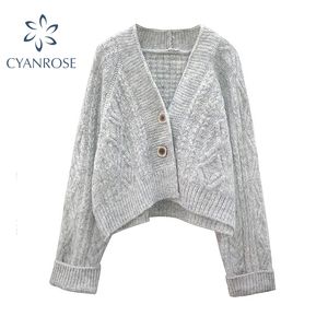 Femmes tricoté Cardigan pull automne hiver col en v à manches longues bouton surdimensionné décontracté épaissir solide femme Cardigan hauts 210417