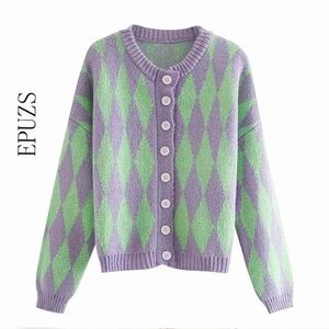 Dames Gebreide Vesten Mode Argyle Button Sweaters Casual Lange Sleeven Warm Winter Koreaans 210521