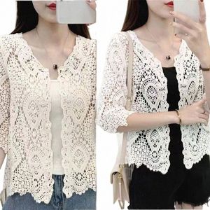 Femmes tricoté dentelle haussement d'épaules Boho creux Crochet Floral 3/4 manches ouvert Frt recadrée Cardigan élégant maille pull Coveup X1QC #