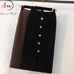 Femmes tricoté longue jupe mode taille élastique bureau dame moulante hiver mince élégant noir crayon jupes Saias 211120