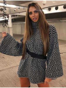 Minivestido estampado de punto para mujer, Vestidos holgados a la moda con mangas acampanadas y cuello alto en la cintura, Vestidos elegantes de calle para mujer