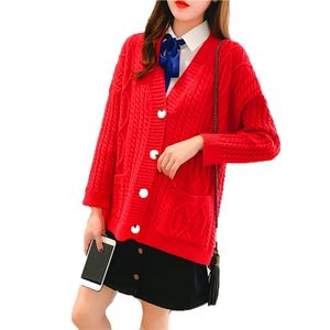 Suéter de punto para mujer, cárdigan suelto con cuello en V, cárdigan de manga larga para otoño e invierno, moda coreana roja amarilla caqui LR589 210531