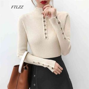 Vrouwen gebreide trui truien casual button decoratie kwasten slanke turtleneck solide vrouwelijke jumper tops 210430