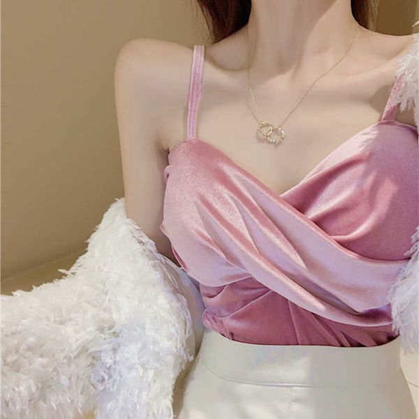 Femmes Corée Croix Tops Court Sexy Camisole Femme Cravate Or Velours Bralette Crop Top Streetwear Rose Bustier Corduroy 210604