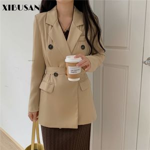 Femmes Corée Élégant Lâche OL Style Blazers Vestes Avec Ceinture À Manches Longues Costumes À Double Boutonnage Colthing Mujer Outwear 210423