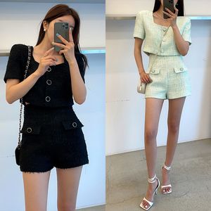 Vrouwen Koreaanse mode 2 pc -broek set tweed vierkante kraag korte mouw top en shorts twinset sms