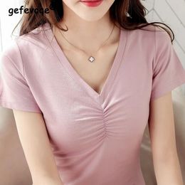 Femmes mode coréenne froncé col en V mince Simple basique coton t-shirt été décontracté à manches courtes solide élégant hauts Ropa De Mujer 240124