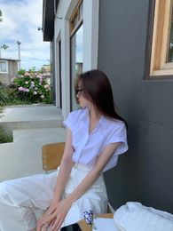 Femmes coréennes Fashion Short Sleeve Reproche Collier Couleur solide de Blouse de travail de chemise Desinger Tops Smlxl