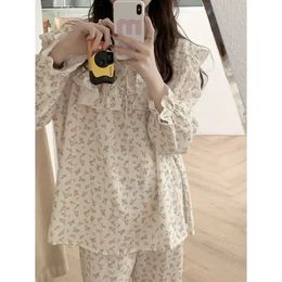 Vrouwen Koreaanse Broek Pyjama Bloemen Ruches Mode Lange Stukken 2 Mouwen voor Nachtkleding Pak Sets Piiama Herfst Print 240201