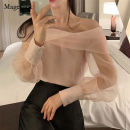 Femmes coréennes solide Transparent à manches longues hauts printemps maille Blouse dames élégant clavicule une épaule chemise 13412 220707