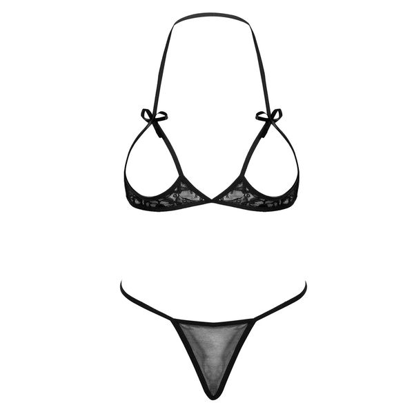 Conjunto de ropa interior de lencería sexy con lazo de encaje para mujer Conjunto de bikini de dos piezas Ropa de dormir Copa abierta Sujetador con cuello halter y calzoncillos con tanga 240124