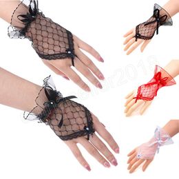 Gants sans doigts en dentelle pour femmes, blanc, noir, rouge, gants de fête de mariée, transparents, courts avec nœud papillon, gants élégants pour femmes