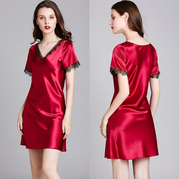 Vestidos de seda pura de encaje para mujer, camisón de satén, ropa de dormir informal sedosa, bata de casa, ropa de casa 2022