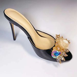 Vrouwen dames 2024 Echte real lederen hoge hakken zomer sandalen bead 3D bloem flip-flops slipper slip-on trouwjurk gladiator sexy schoenen diamant maat 34-43 c873