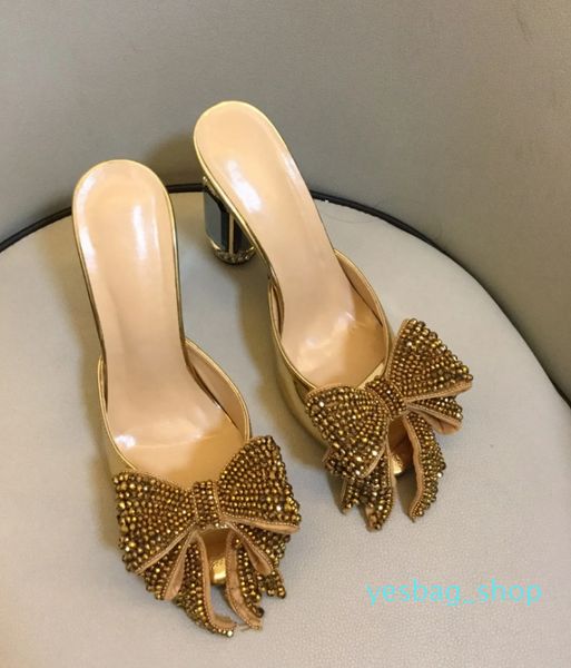 Femmes Dames Véritable Cuir Véritable Strass Talons Hauts Sandales Été Tongs Pantoufle Slip-on Robe De Mariée Chaussures Gladiateur Diamant Ballots 3D Noeud Papillon Gol