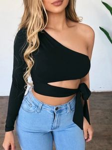 Femme Lady Bandage Slim Tee Tops à manches longues OneShoulder Bowtie Elastic Solid T-shirt Cold Sexy Crop Top Club Street 240417