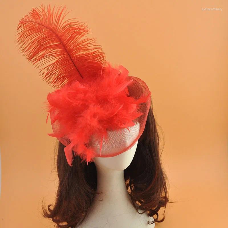 Donna Lady Catwalk Mesh Cappello di piume Masquerade Fascia di struzzo Esagerato tornante Velo Tiara