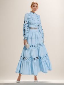 Vrouwen dame cutouts borduurwerk blauw witte jurk set maxi lange rok vrouwelijke vakantievakant jurken gratis schip 3525