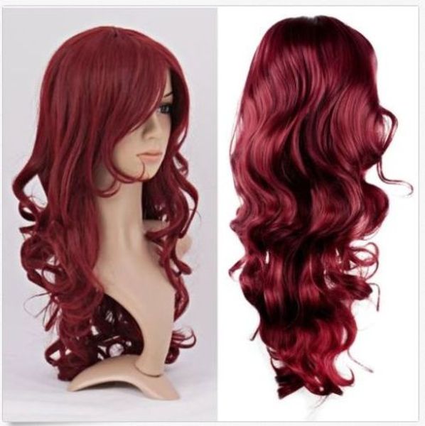 Femmes dame cheveux longs bouclés Anime Cosplay fête perruque complète perruques vin rouge perruques