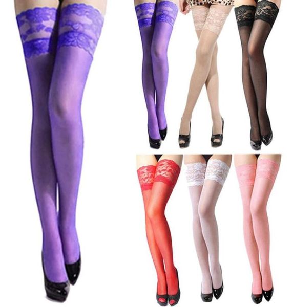 Femmes dame Sexy longs collants dentelle haut transparent rester jusqu'à la cuisse haute bas collants sur les chaussettes au genou 6 couleurs 8519091