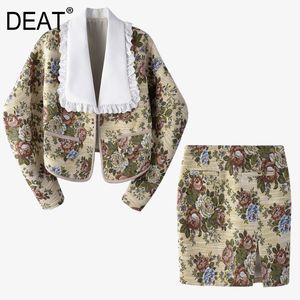 Vrouwen revers kraag bloem jacquard bedrukte lange mouw korte jas spleet knielengte rok pak zomer gx1123 210421