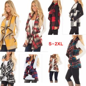 Femmes revers Plaid Cardigan poche gilet manteau à carreaux irréguliers veste sans manches ouvert devant Blouse vêtements d'extérieur gilet 8 couleurs AAA116