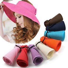 Vrouwen Grote Floppy Visor Hat Opvouwbare Stro Boho Brede Brav Hat Zomer Beach Bowknot Lady Sunscreen Caps Roll Up AAA2005