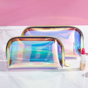 Neceser de maquillaje transparente con láser para mujer, neceser impermeable de PVC para mujer, neceser de viaje con cremallera, organizador de maquillaje