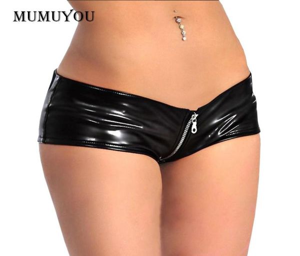 Short noir en Latex pour femmes, Look mouillé, PVC brillant, pantalon court, tanga, fermeture éclair complète, taille basse, Sexy, Club métallique, 9066045336403