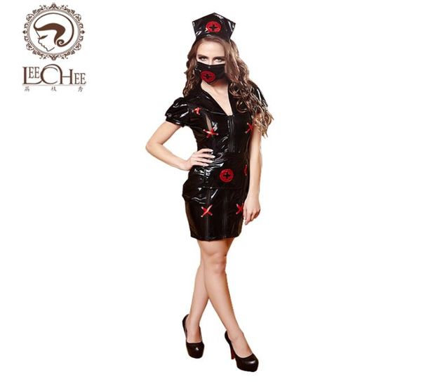 Mujeres Latex Leechee Y118 Lencería sexy Negro PU Cuero Uniforme de enfermera Cosplay Lady ML Vestido de moda delgado Club nocturno Style9109496