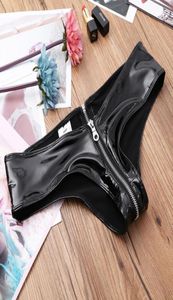 Femmes Latex Wetlook slips culottes Lingerie Sexy caleçon noir brillant cuir PU fermeture éclair entrejambe tongs Bikini sous-vêtements érotiques Wo2043492