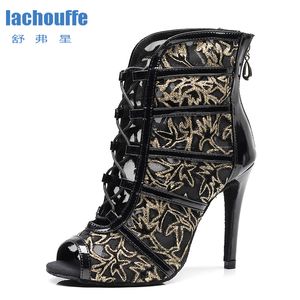 Dames Latin Dance Boots Black Mesh Tango Salsa Dansende Schoenen voor Vrouw Hoge Hak Samba Latino Dansschoenen Meisjes Hoge Top Sandalen 201017