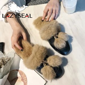 Vrouwen LazySeal Slippers Metal Decoratie Fringe Appliques Slides Winter Echt konijnen Haarschoenen Vrouw binnen grote maat