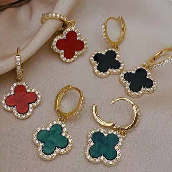 Mujeres Pendientes de aro de la hoja Luxury 925 Silver Needle Rhinestone Flower Huggie Joyería Negro Verde Rojo Cuatro hojas Estudio RETRO ACCESORIOS DE RETO DE PAR