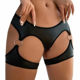 Vrouwen Lederen Hoge Taille O Rring Kousenband Booty Shorts Slipje Met Cut Dij Ring Sexy Uitgesneden Backl Butt Lifting thg Korte C95A #