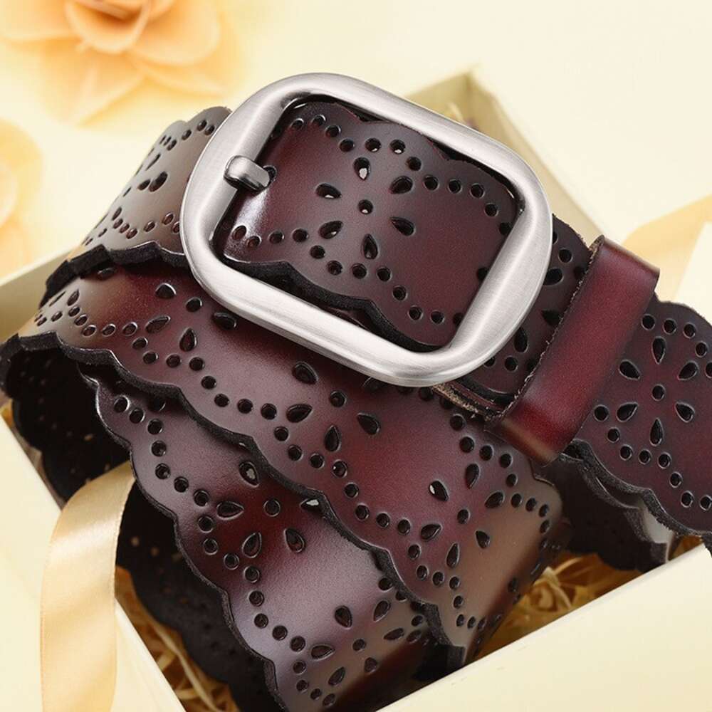 Women Leather Hollow Flower Belt for Jeans, Black Belt with Pin Buckle