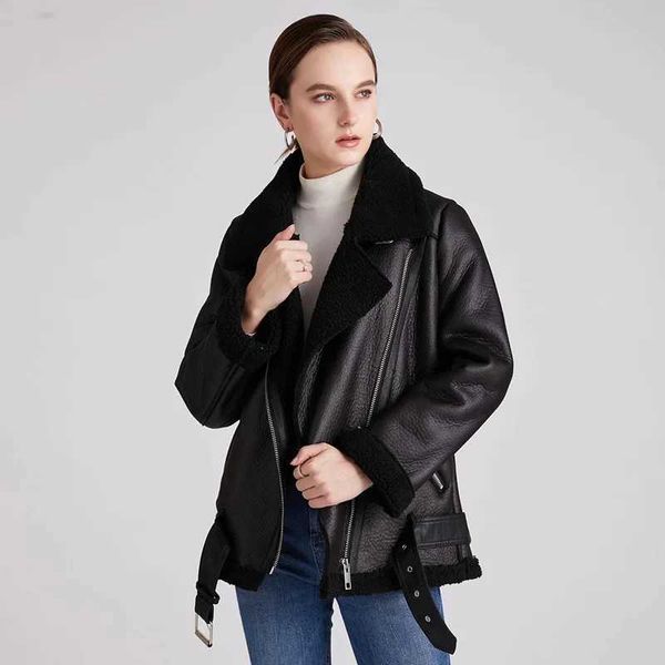 Veste d'hiver en cuir pour femme, manteau en fausse peau de mouton, épais et chaud, en daim, agneaux, manteaux courts noirs pour moto