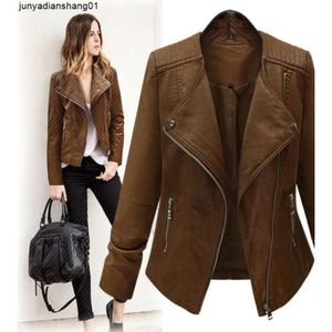 Vestes et manteaux en cuir en cuir rivets brun foncé minces dames fausse veste Bomber Motorcycle Coat Automne