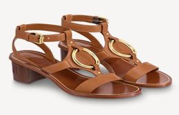 Sandales en cuir en cuir Goldtone Metal Ring Faro Summer Designer STADE STRAPE MODE MIDE THEEL RÉSÉBRAL SANDAL SANDAL EU3548722853