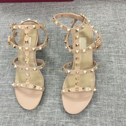 Sandales à clous en cuir pour femmes, sandales à lanière en T, chaussures d'été à talons hauts, Rivets, chaussures de fête Sexy pour dames