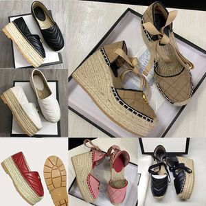 Diseñadores para mujer Plataforma de cuña Sandalias Zapatos de alpargata Cueros reales Tobillo con cordones Matelasse Alpargata Damas Tacón alto Tamaño 35-41 con bolsa de polvo de caja 037