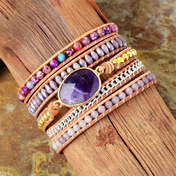 Pulseras de cuero para mujer W / Japsers Stone Beaded 5 Layers Declaración Strand Chain Bracelet Bohemian Jewelry Wholesale Y200730