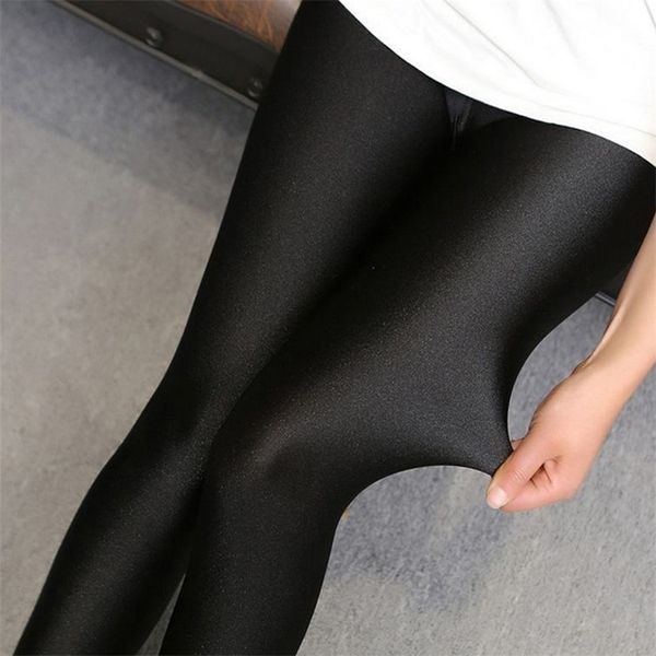 Polainas de las mujeres Venta Sólido Sexy Ladies Shiny Black Thin Elástico de cintura alta Stretch Skinny Classic Pantalones Slim Fit Plus Size 210522