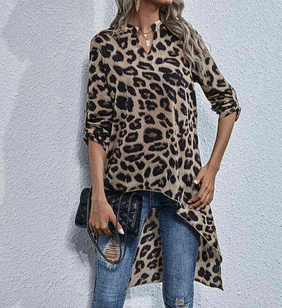 Blusa Irregular de leopardo para mujer, blusas de manga larga con cuello en V en la parte delantera corta y espalda larga, camisas holgadas a la moda para mujer, otoño primavera H1230