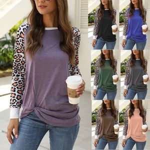 Dames Leopard Patchwork T-shirt Herfst Lange Mouwen Pullover Casual Geknoopt Weidshirts Tops Kleding O Neck Shirts Tee Ljja3141