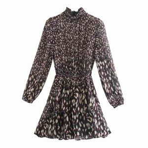 Femmes imprimé léopard en mousseline de soie translucide Mini robe femme à manches longues vêtements décontracté dame lâche Vestido D6918 210430
