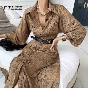 Dames luipaard print jurk mode lange mouw revers single breasted vintage es vrouw Koreaanse shirts vestidos mujer 210525