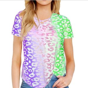 Dames Leopard Print T-shirts Geleidelijke verandering Rainbow Korte Mouw Multicolor Tie-Dye Tops Cross V-hals Zomer Dames Streetwear 210517