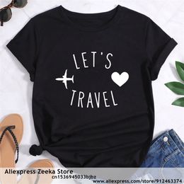 Women Let’s Viajes Funny Print Dames Tshirt Girl Y2K Harajuku Basis Ocollar Camisa Blanca Manga corta Top Teedrop Ship 220526