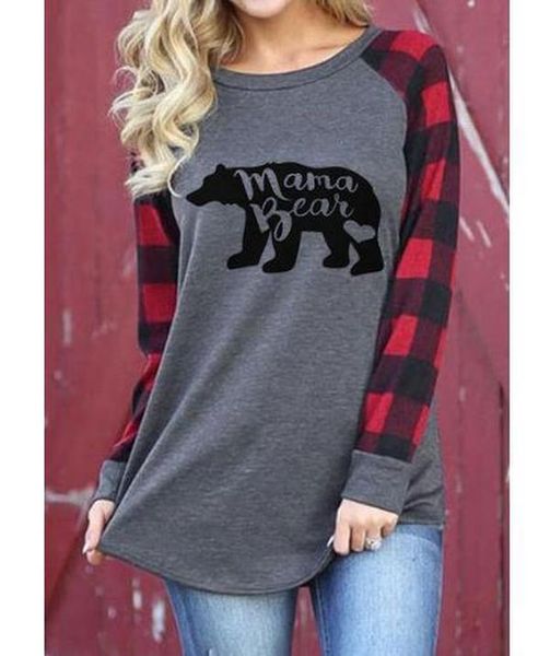 Camisetas con estampado de letras para mujer, camisetas de manga a cuadros de algodón, jersey con estampado de oso para mamá, Tops de maternidad para mujer